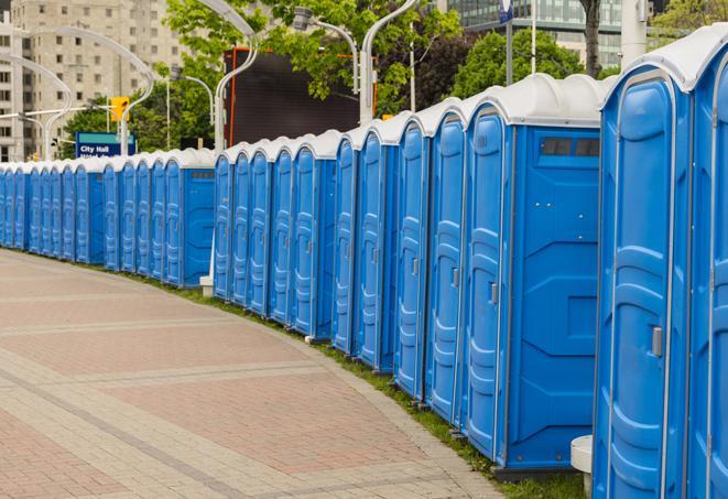 a fleet of portable restrooms ready for use at a large outdoor wedding or celebration in Mifflinburg PA